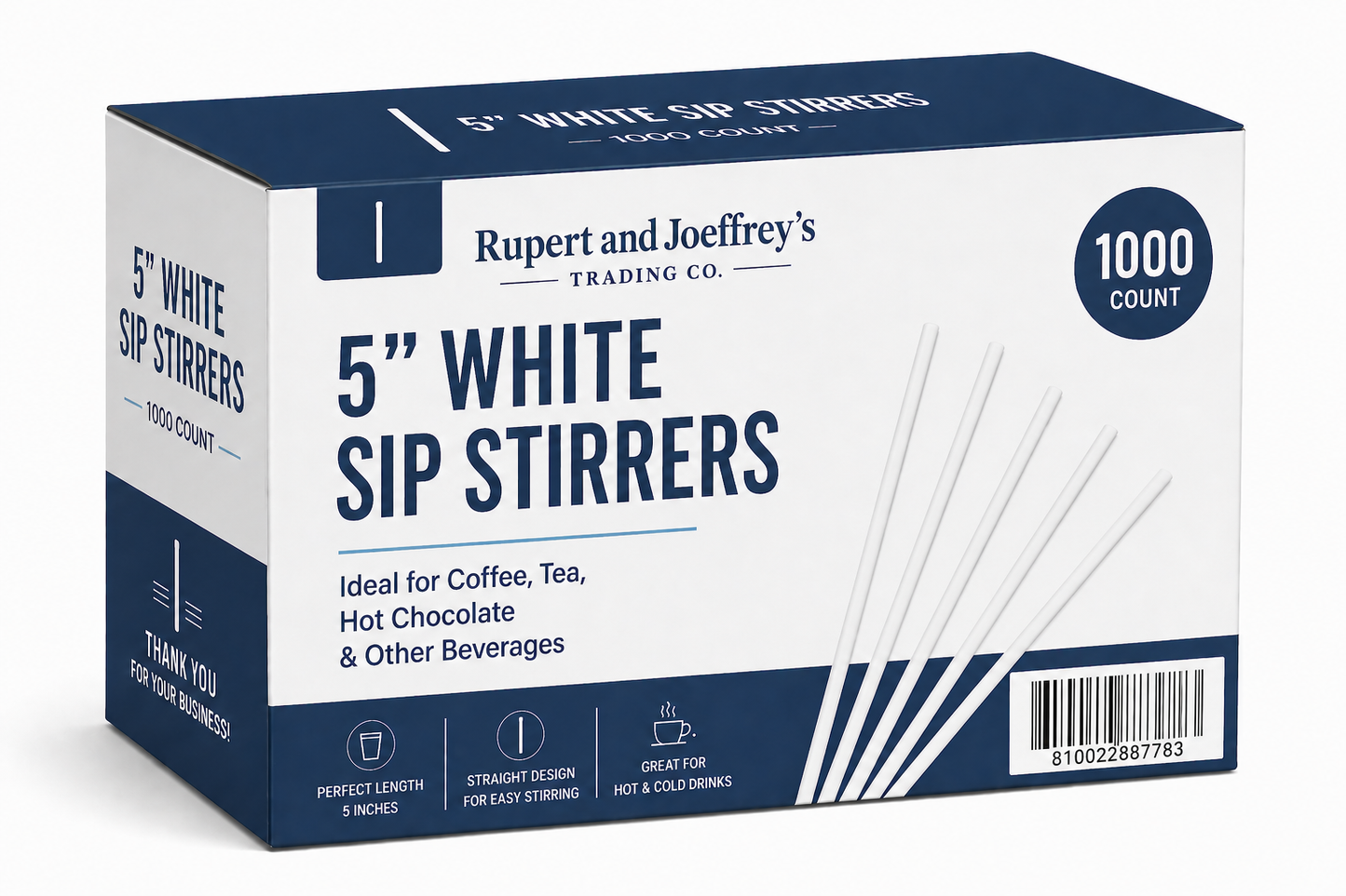 5" White Stirrers (Box of 1,000) UPC: 810022887783